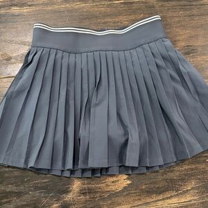 Navy Pleated Skirt with Striped Waistband